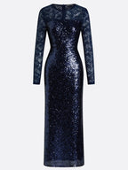 Navy Blue Lace Sequin Crew Neck Long Sleeve Sheath Maxi Dress