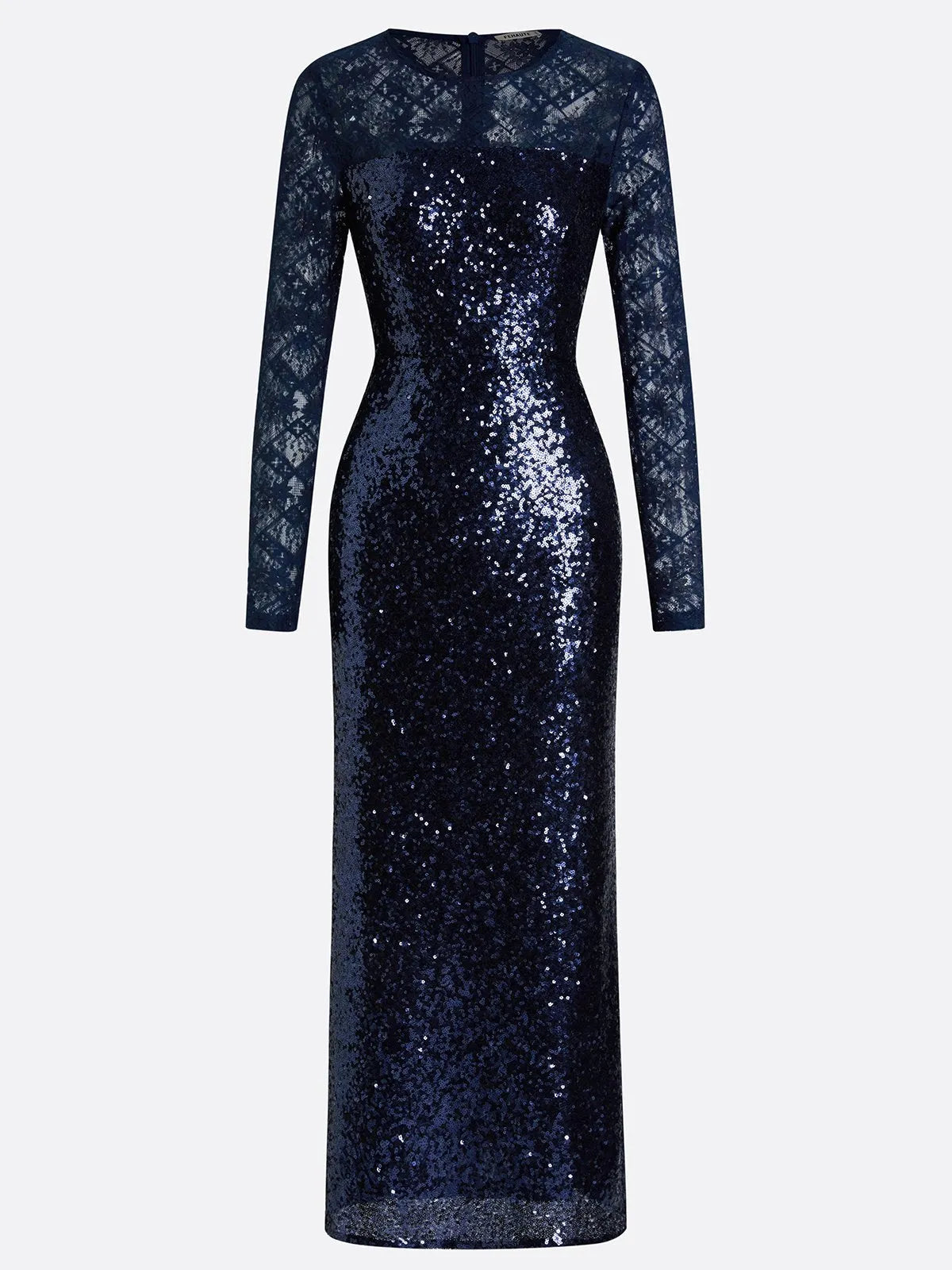 Navy Blue Lace Sequin Crew Neck Long Sleeve Sheath Maxi Dress