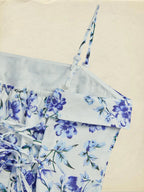 Maxi Cotton Dress, Sleeveless, Strapless, Floral, Vacation, Vintage, Blue