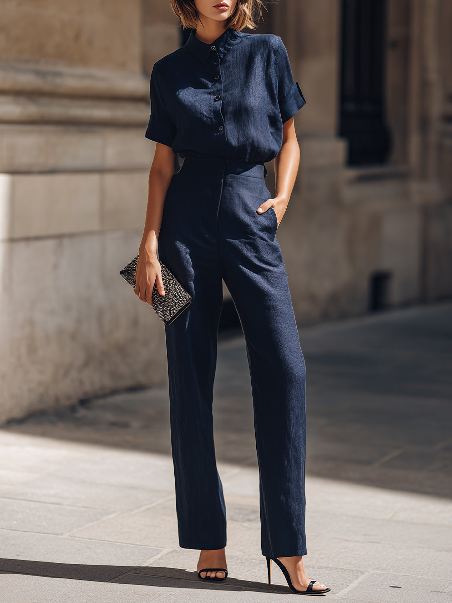 Short Sleeve Button-Up Blouse And Tailored Straight-Leg Trousers Set