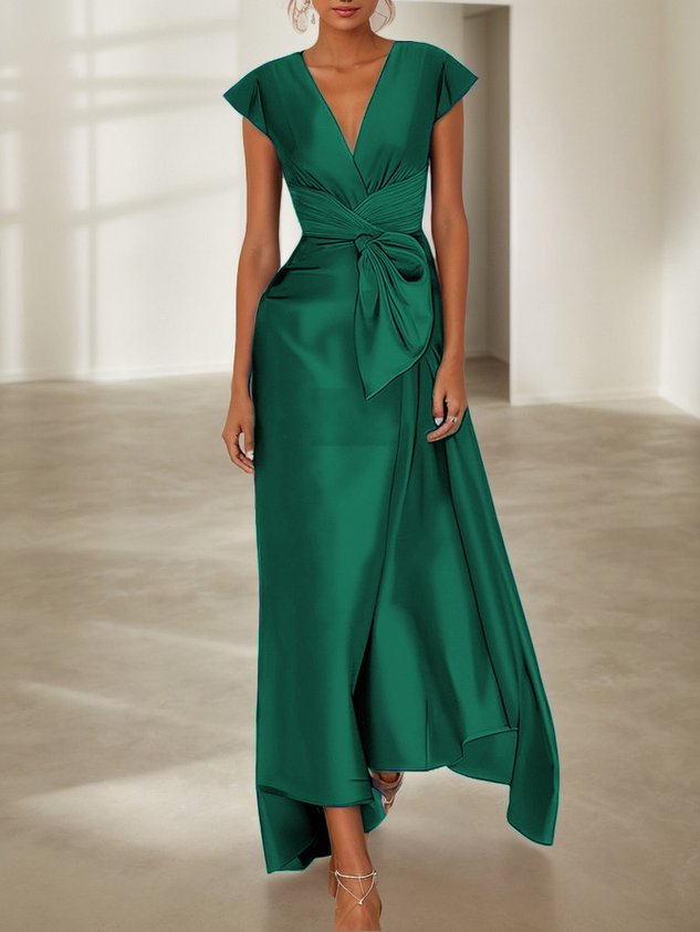 Green Cap Sleeve Bow Satin A-Line Maxi Dress