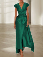 Green Cap Sleeve Bow Satin A-Line Maxi Dress