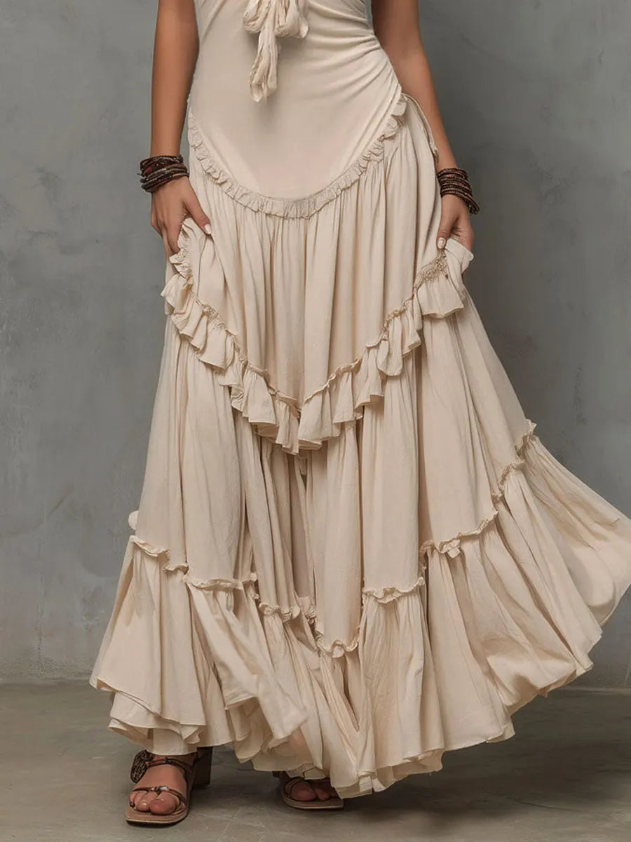 Boho Elegant Sandstone Ruffled Halter Maxi Dress