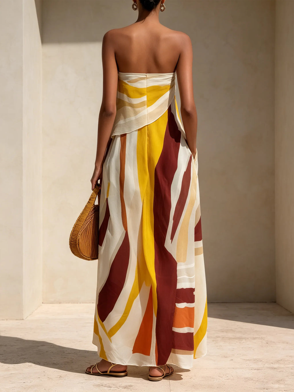 Abstract Sunset Print Strapless Maxi Dress