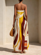 Abstract Sunset Print Strapless Maxi Dress