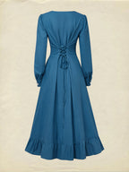 Maxi Cotton Dress, Long Sleeves, V Neck, Plain, Button Design, Vintage, Dark_blue
