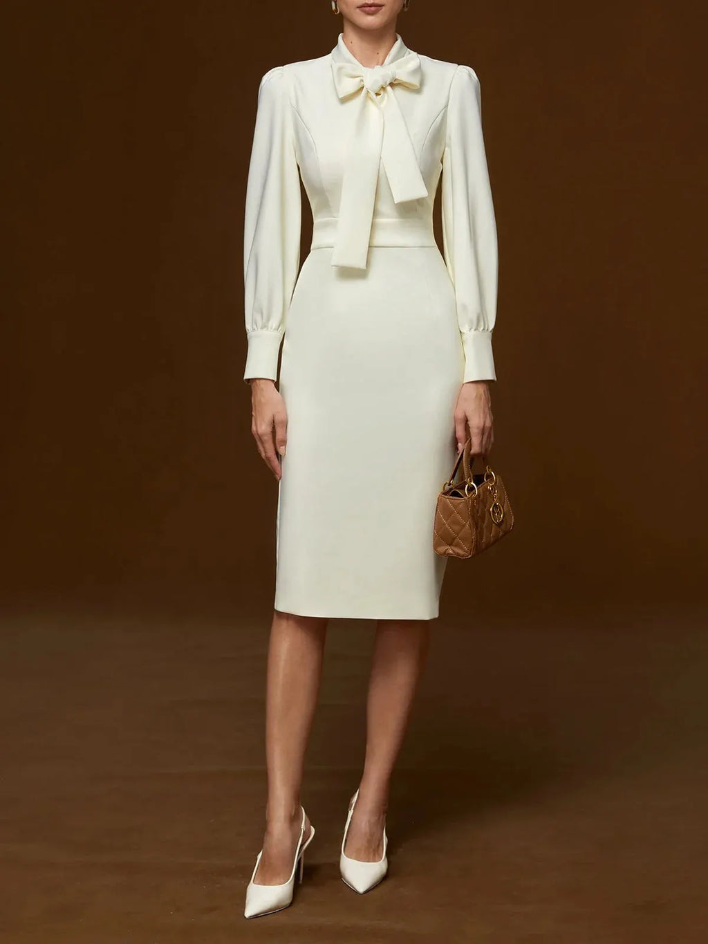 Off White Bow Classic Crew Neck Long Sleeve Sheath Midi Dress