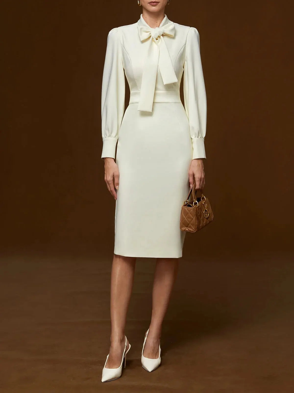 Off White Bow Classic Crew Neck Long Sleeve Sheath Midi Dress