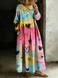 Women's Retro Multicolor Love Splicing Long-sleeved Loose-fitting Casual Denim Dress
