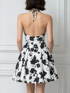 Black & White Floral Print Halter Neck A-Line Mini Dress