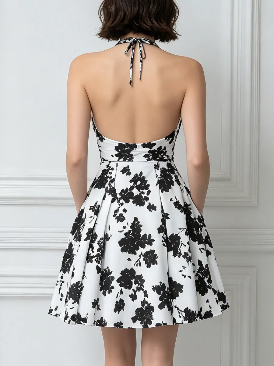 Black & White Floral Print Halter Neck A-Line Mini Dress