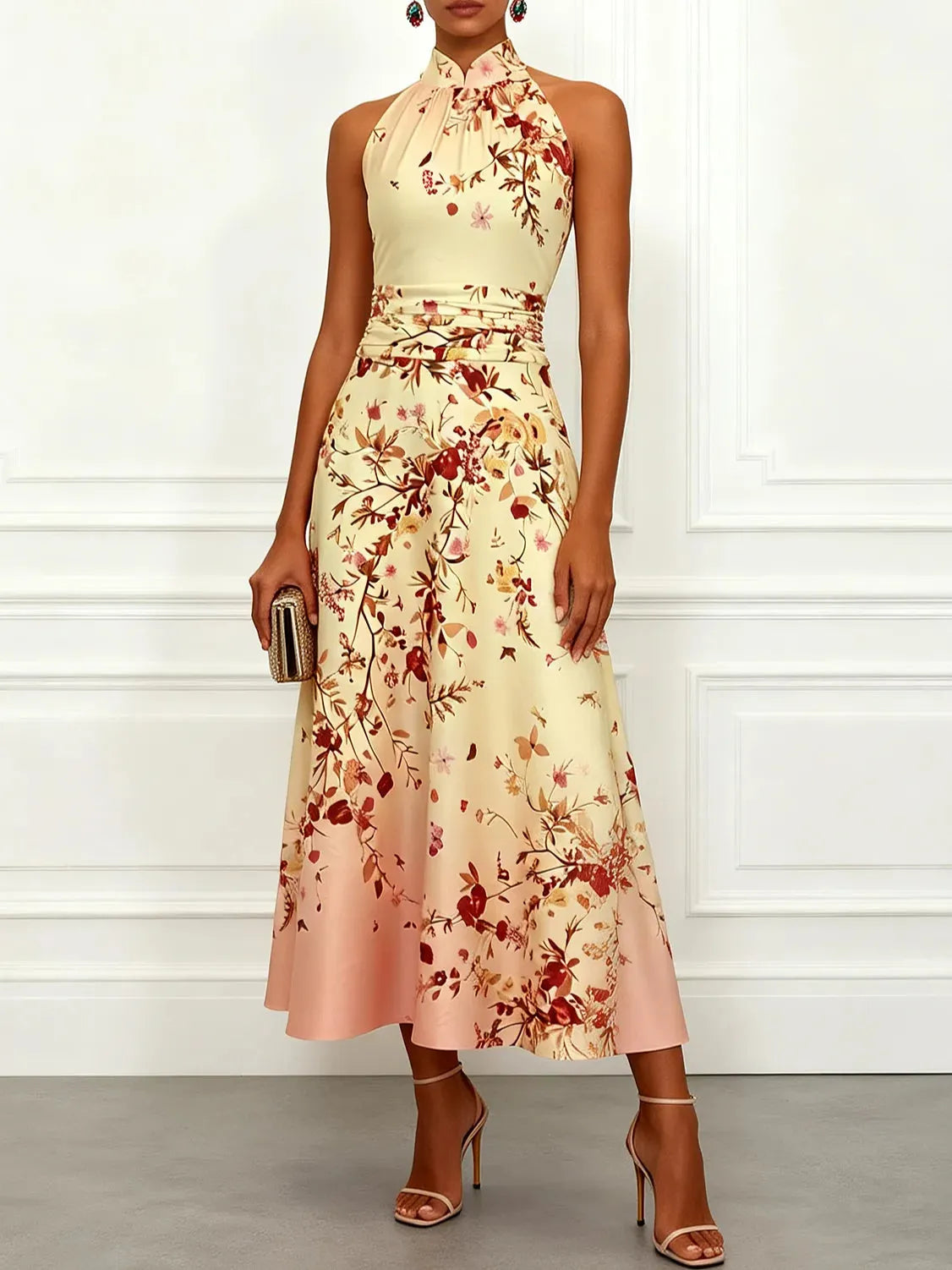 Pale Yellow Floral Classic Halter Mock Neck Sleeveless A-Line Maxi Dress