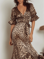 Elegance Leopard Satin Ruffle Maxi Dress