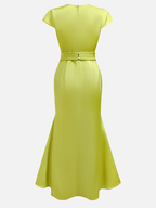 Green Satin Floral Embroidery Cap Sleeve Slit Sheath Maxi Dress