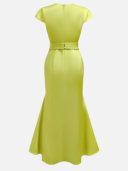Green Satin Floral Embroidery Cap Sleeve Slit Sheath Maxi Dress