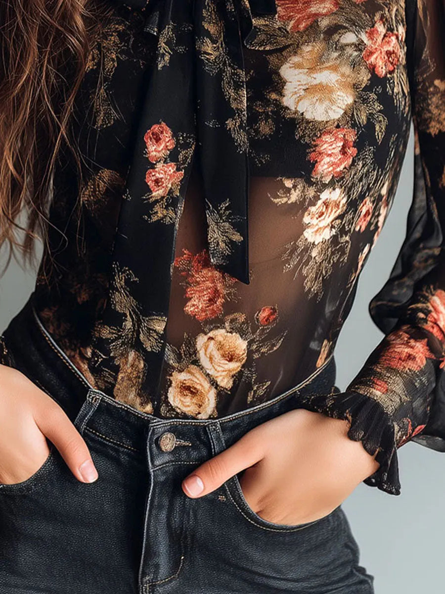 Vintage Black Sheer Chiffon Floral Tie Neck Blouse