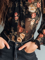 Vintage Black Sheer Chiffon Floral Tie Neck Blouse