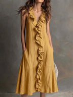 Casual Ruffle-collar Linen And Cotton Dress
