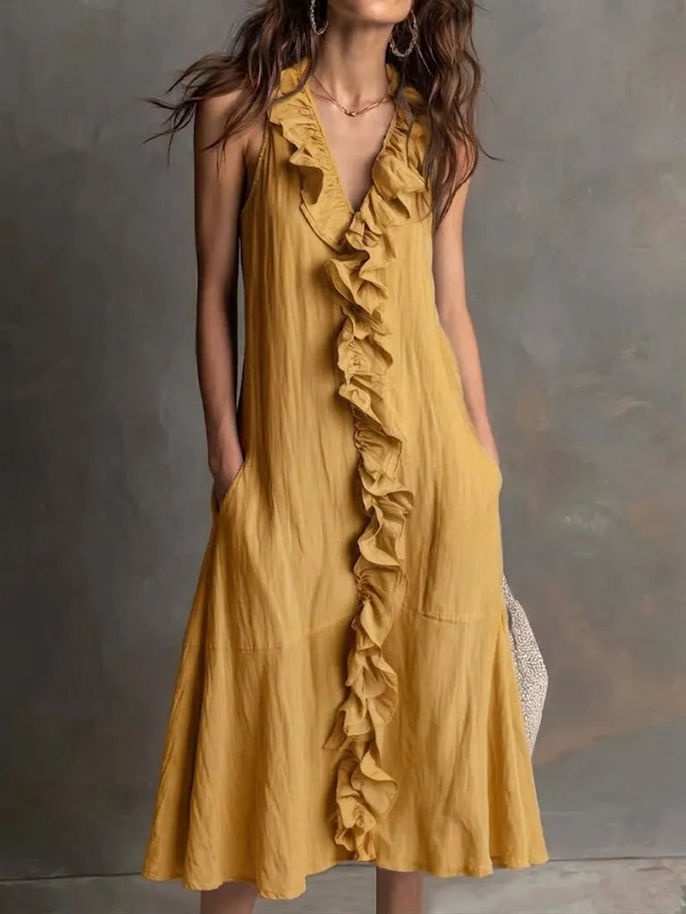 Casual Ruffle-collar Linen And Cotton Dress