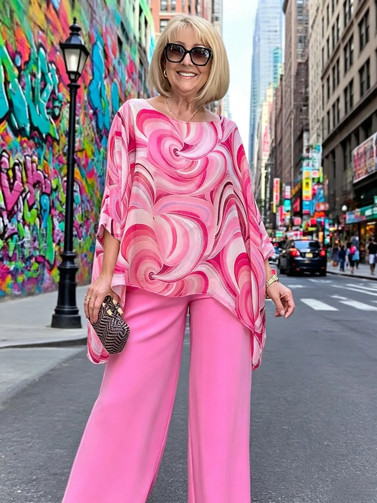 Vibrant Swirl Print Chiffon 2‐Piece Outfit, Loose Boat Neck Tunic Top & Bright Wide‐Leg Pants Set for Women