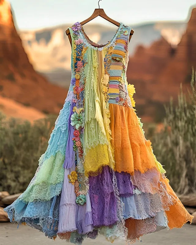 Vintage Floral Embroidered Lace Patchwork Dress 4a65