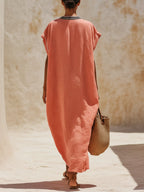 Coral Linen-Blend Contrast Trim Kaftan Maxi Dress