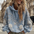 Women's Classic Romantic White Rose Embroidery Art Comfy Hoodie