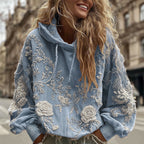 Women's Classic Romantic White Rose Embroidery Art Comfy Hoodie