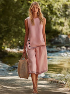 Casual Versatile Pink Cotton-Linen Crew-Neck Slits Top And Cropped Pants Set