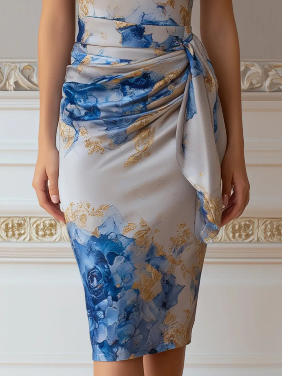 Abstract Print Halter Neck Draped Waist Sheath Dress