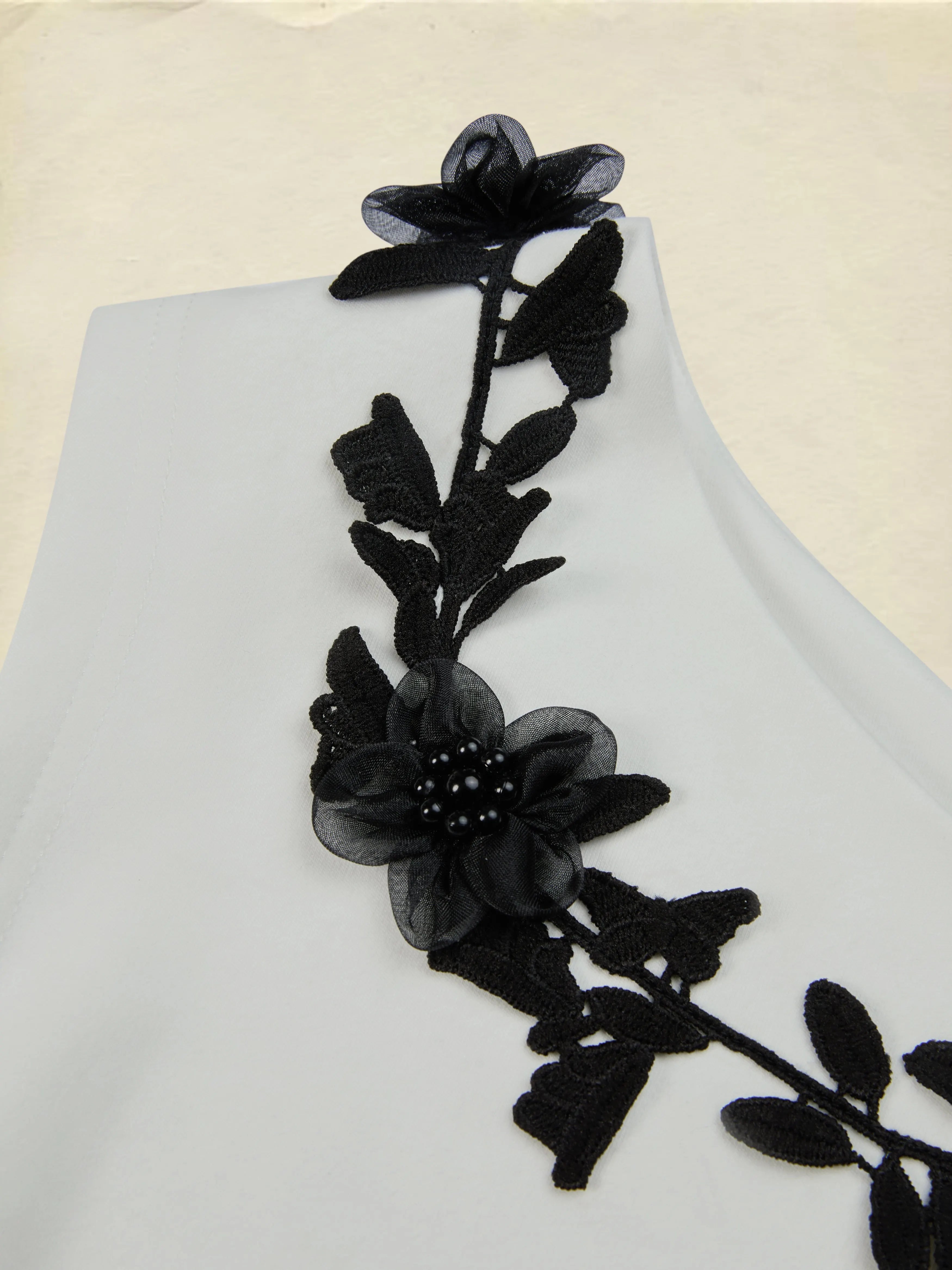Cotton Knit Tee, Short Sleeves, Plain, 3D Floral, French Vintage, Ivory
