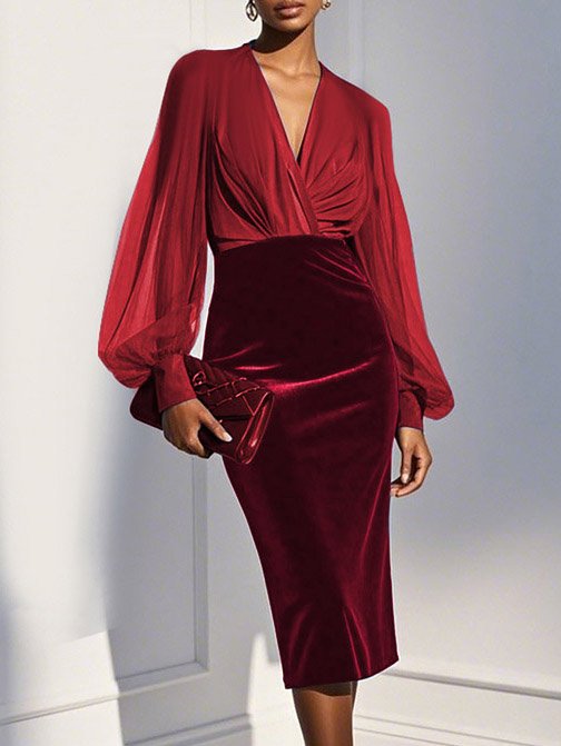 Navy Blue Mesh Split Joint Balloon Sleeve Sheath Midi Velvet Dress