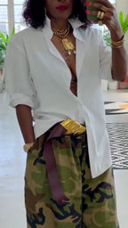 White Blouse & Camouflage Harem Pants Outfit
