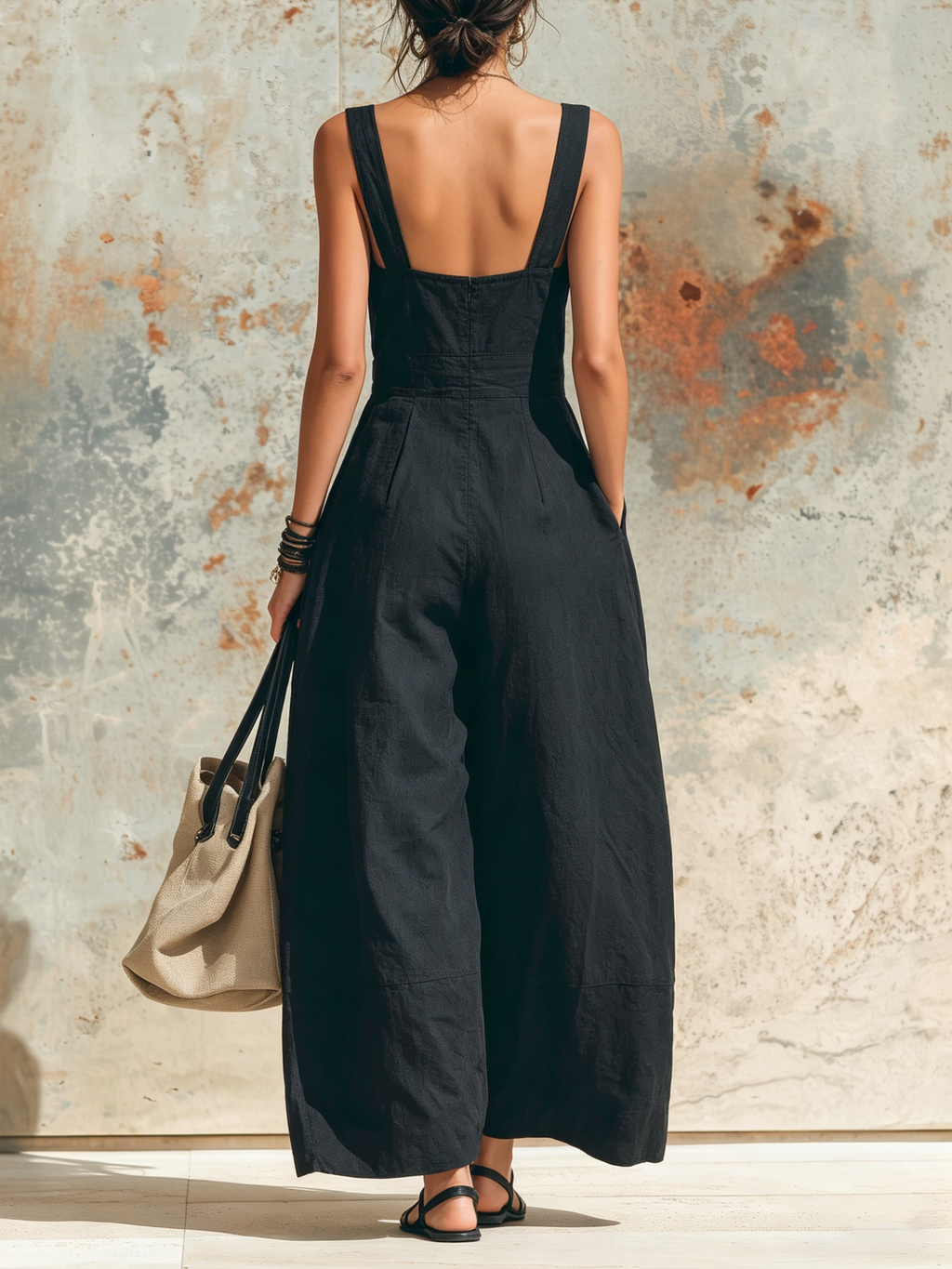 Black Linen-Blend Square Neck Utility Pocket Wide-Leg Jumpsuit