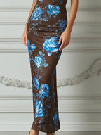 Brown & Blue Rose Print Halter Neck Keyhole Maxi Dress