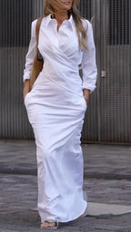 Wrap Collar Maxi Shirt Dress With Pockets