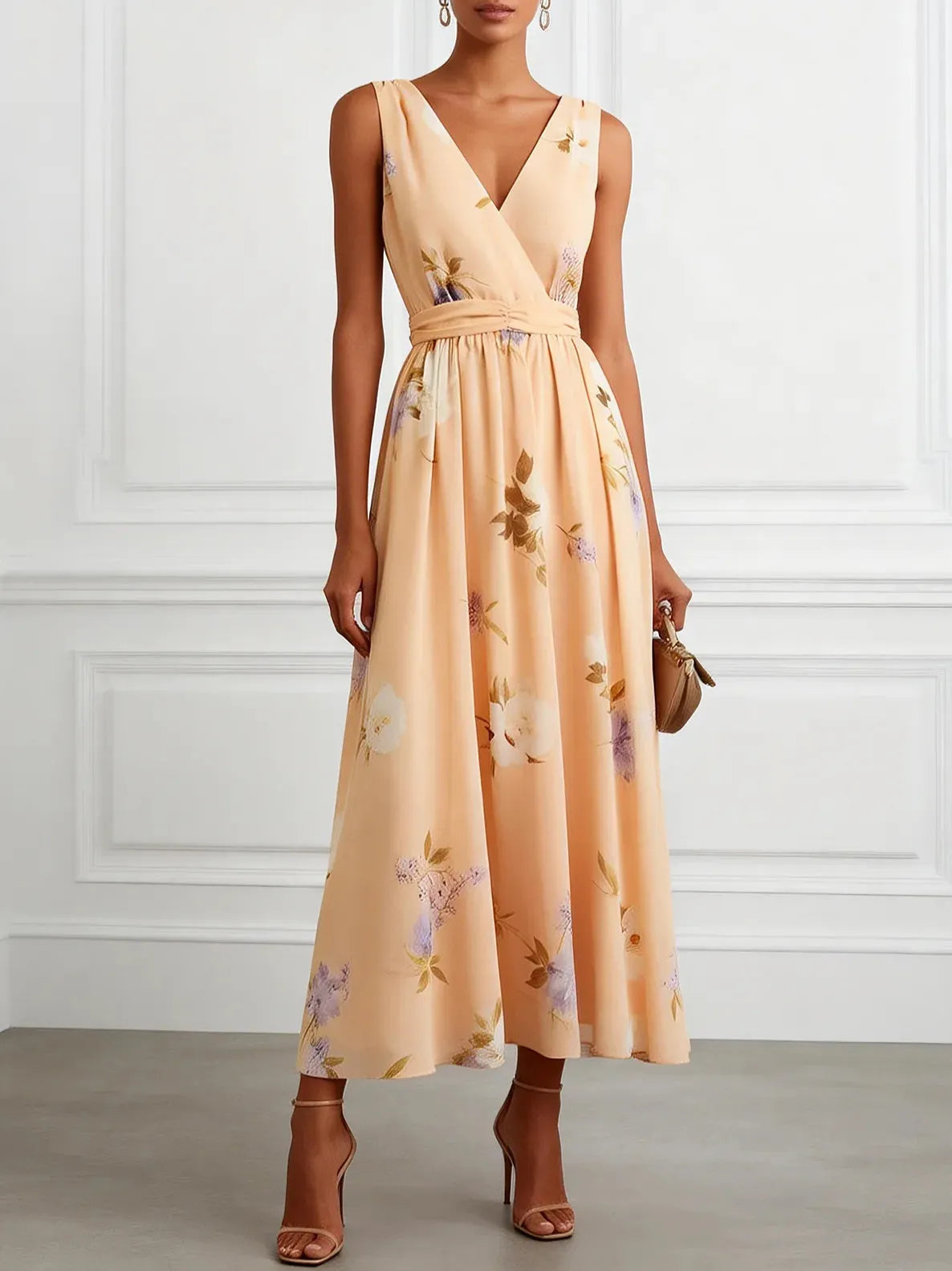 Apricot Floral Chiffon V Neck Sleeveless A-Line Maxi Dress