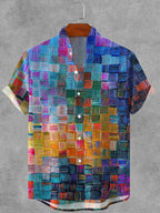 Men's Retro Colored Oil Painting Plaid Art Print Cotton And Linen Shirt