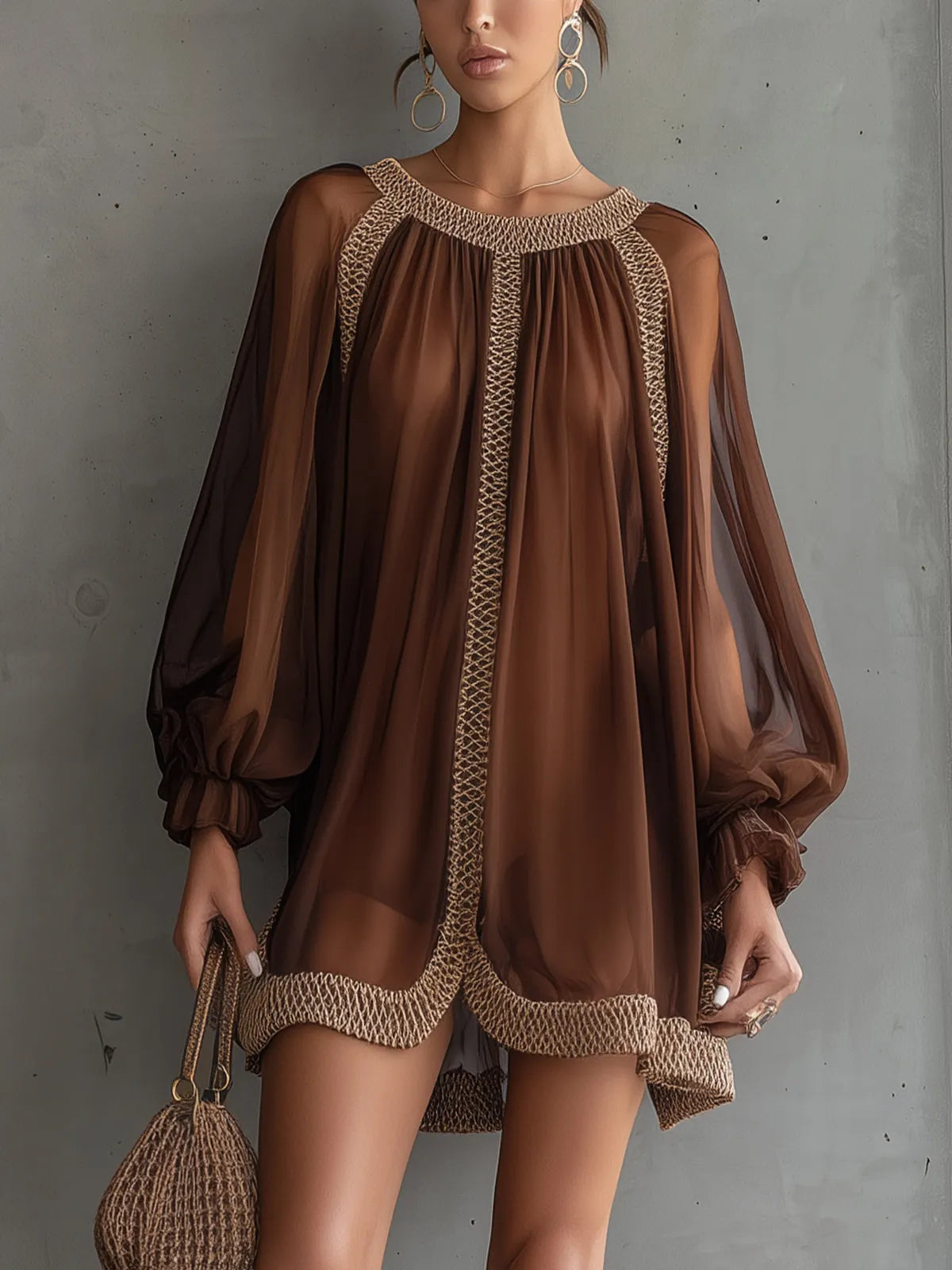 Brown Long-Sleeve Mini Dress With Woven Trim