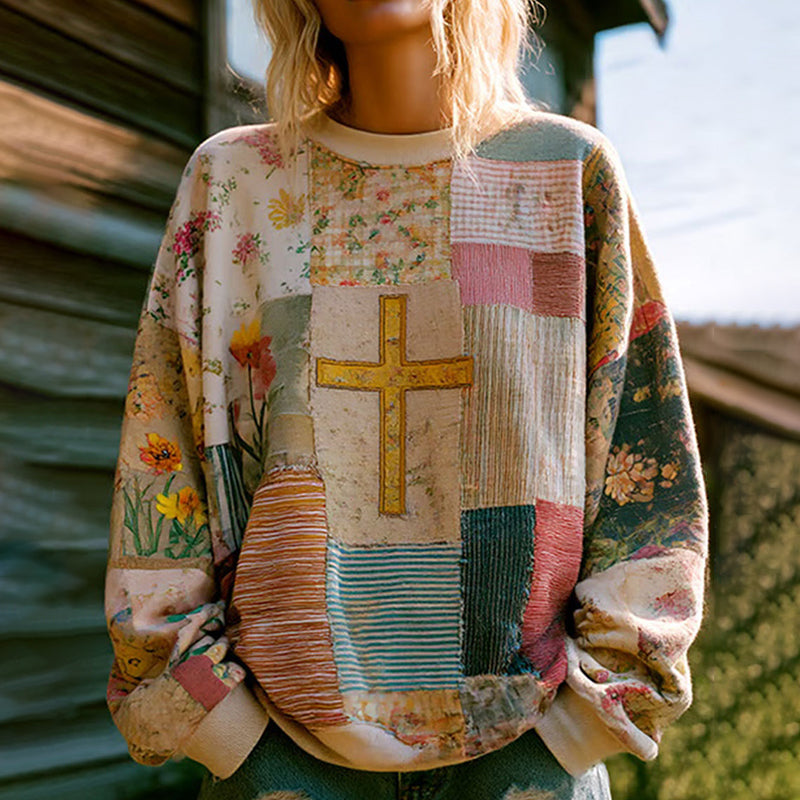 Women's Cross Floral Patchwork Cozy Sweatshirt