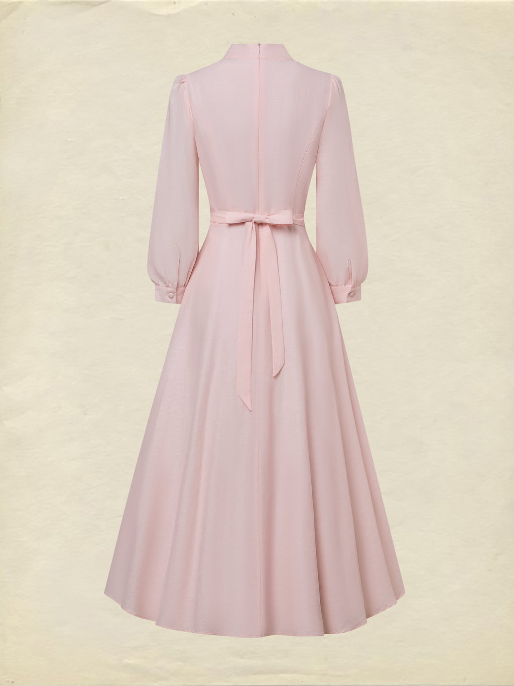Midi Linen Dress, Half Sleeve, Plain, Lace, French Vintage, Pink