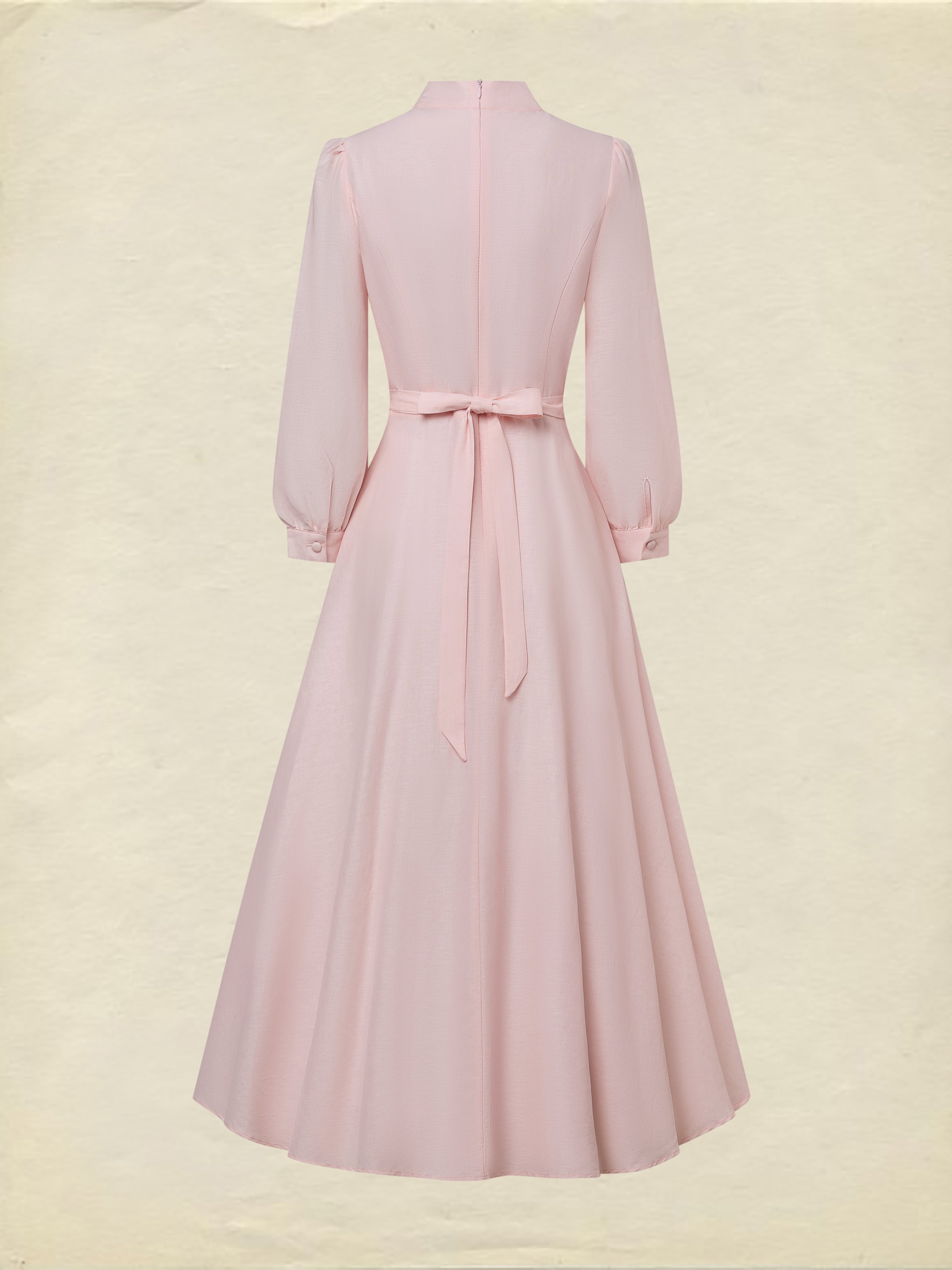 Midi Linen Dress, Half Sleeve, Plain, Lace, French Vintage, Pink