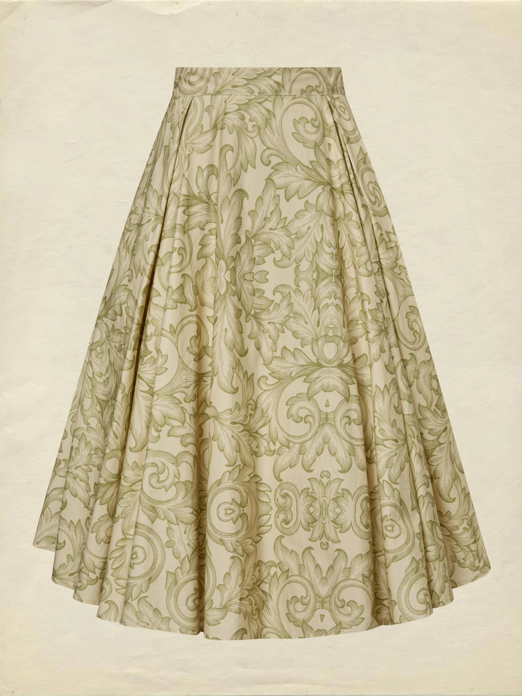 Midi Cotton Skirt Set, Long Sleeves, V Neck, Leaf, Plants, Button Design, Vintage, Light Khaki
