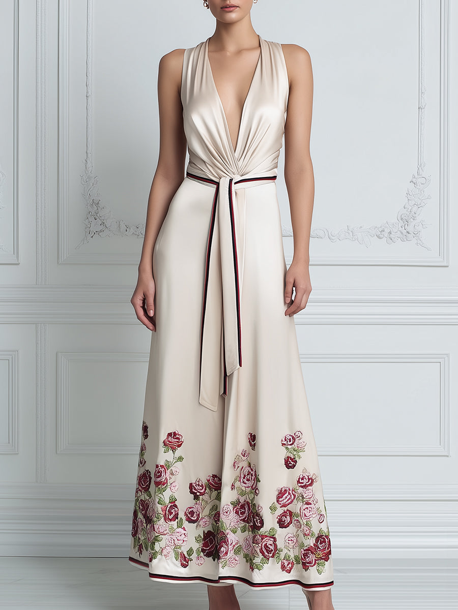 Deep V-Neck Draped Waist Floral Hem A-Line Maxi Dress