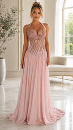 Halter Floral Illusion Corset Chiffon Gown