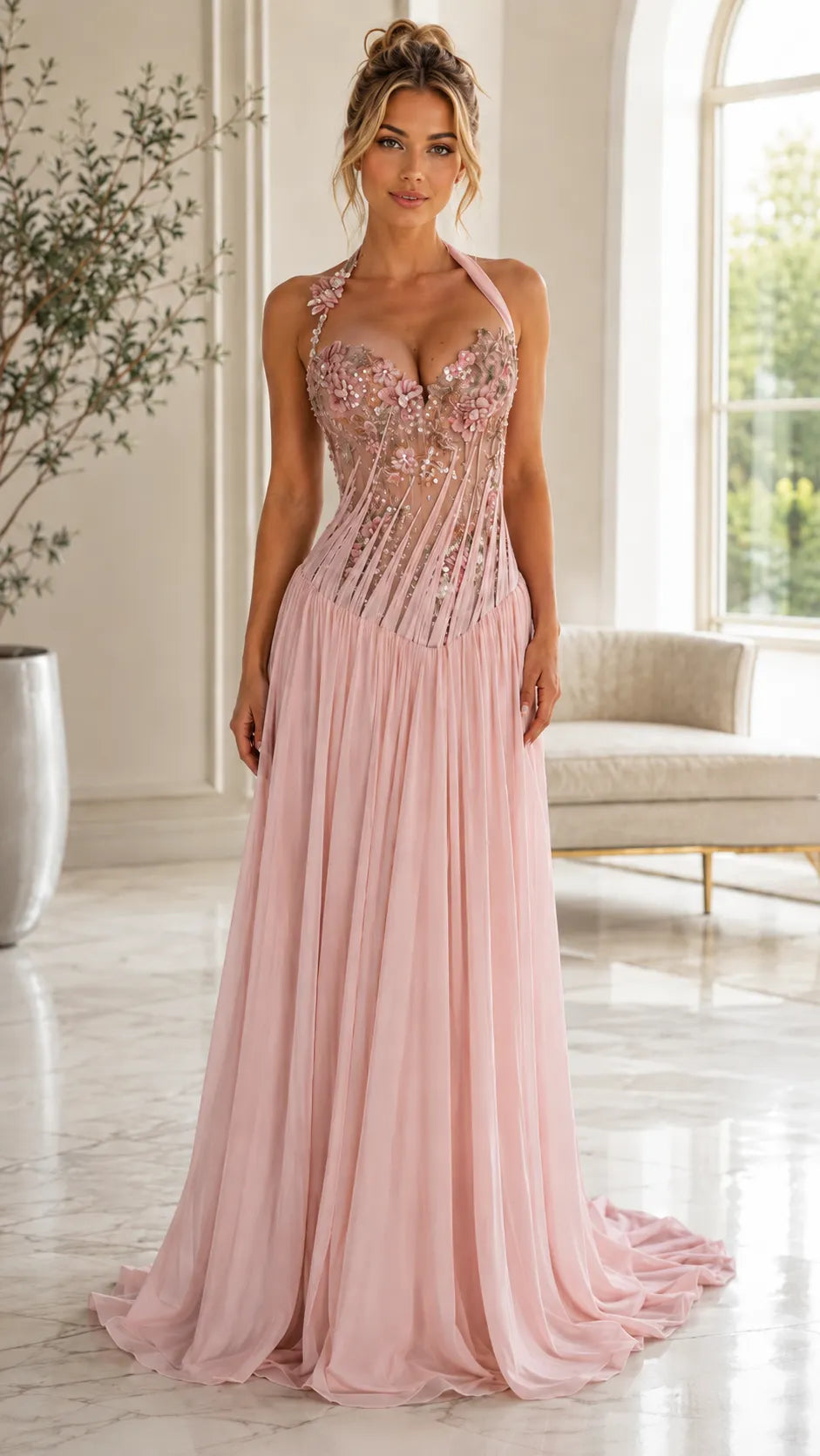 Halter Floral Illusion Corset Chiffon Gown