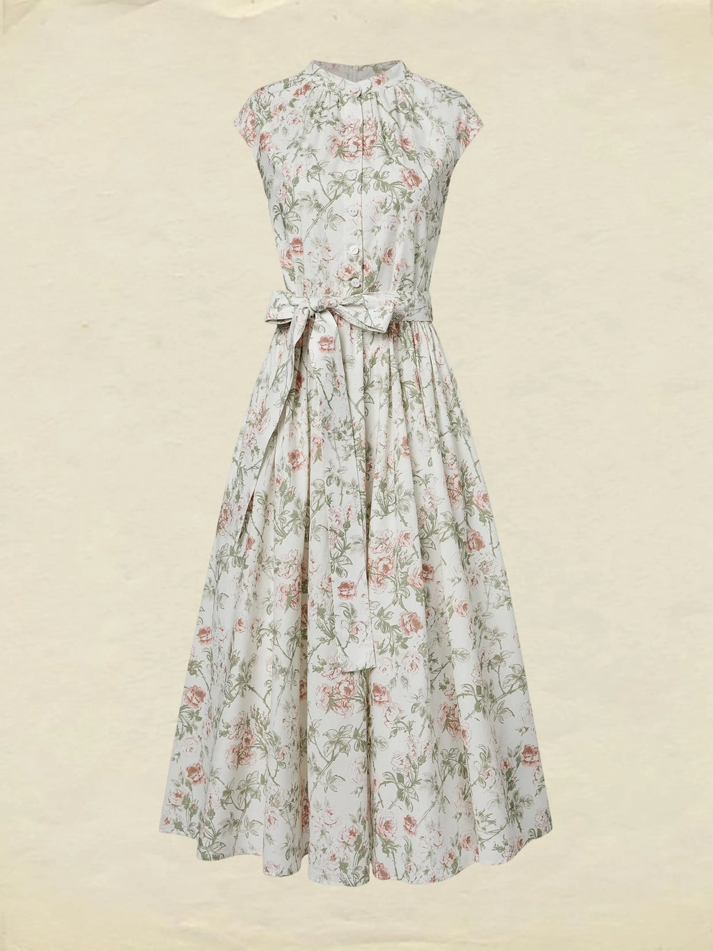 Midi Cotton Dress, Cap Sleeves, Round Neck, Floral, Belt Design, Vintage, Apricot