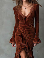 Elegant Rust Velvet Ruffle Lace-Trim Asymmetrical Midi Dress