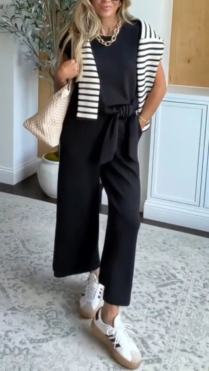 Short Sleeve Tie Waist Cropped Wide Leg Jumpsuit