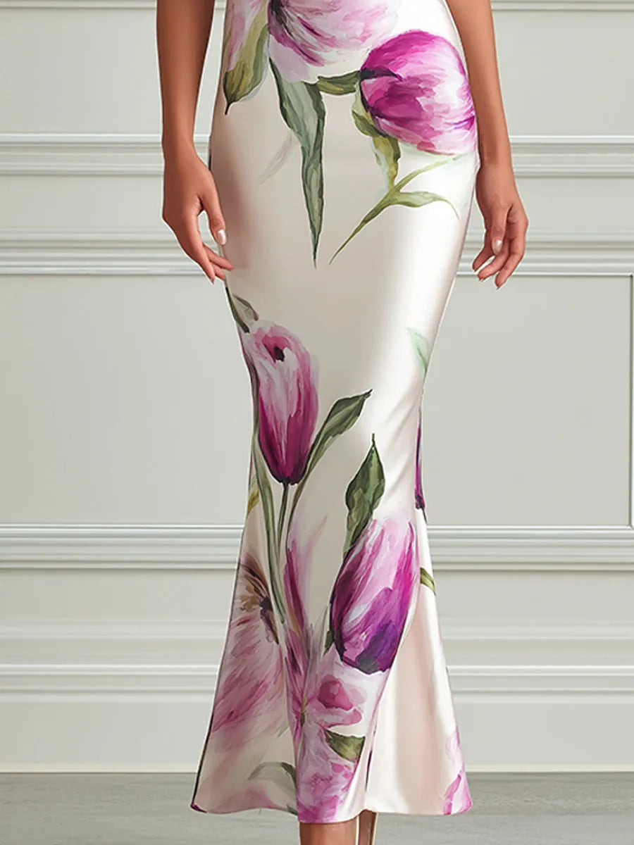 Elegant Floral Cowl-Neck Mermaid Dress